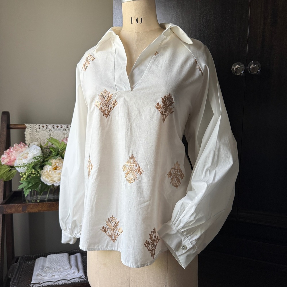 Italian Embroidered Peasant Blouse Balloon Sleeve Split Neck One Size Boho L NWT